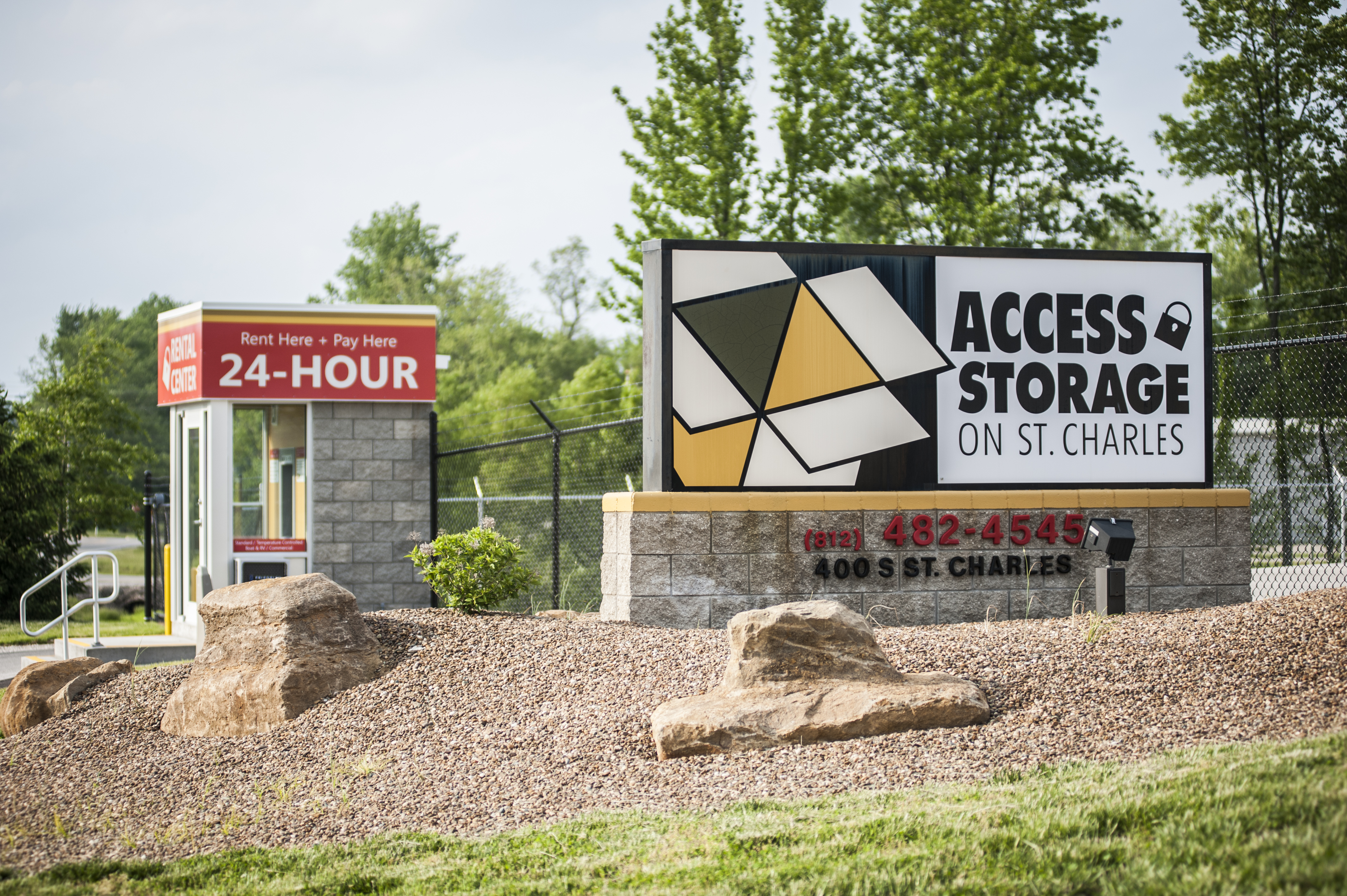 Front entry sign at the Access Storage facility, welcoming visitors with clear branding and a professional appearance.